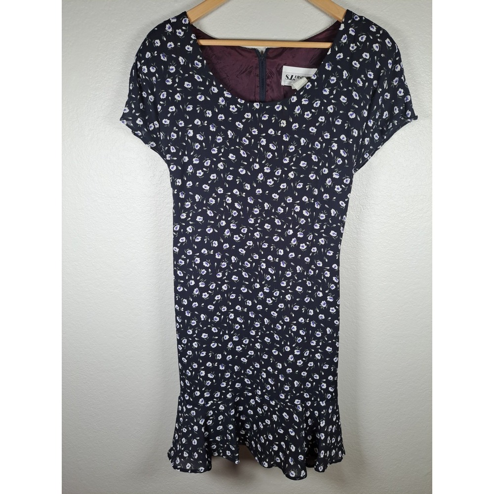 SL Fashions Vintage Floral Mini Dress Navy Blue Purple Ruffle Hem Size 10